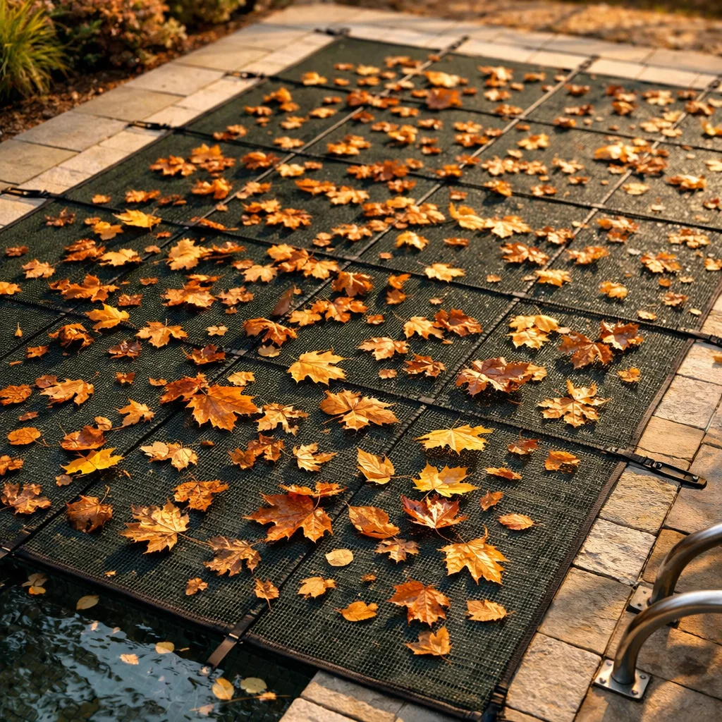Filet anti-feuilles piscine retenant les feuilles en automne vue du dessus