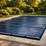 Bâche à barres bleue posée sur une piscine rectangulaire 10x5 mètres en jardin résidentiel