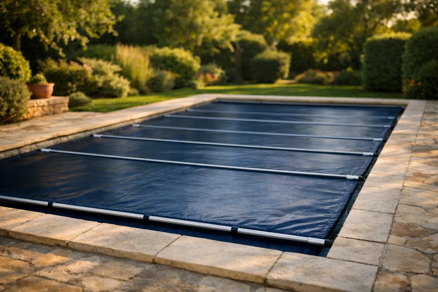 Bâche à barres bleue posée sur une piscine rectangulaire 10x5 mètres en jardin résidentiel