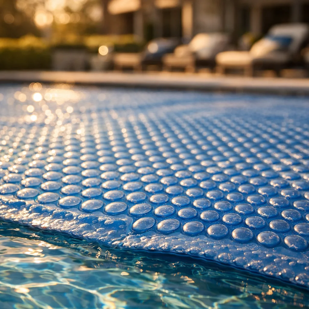 B&acirc;che &agrave; bulles translucide pos&eacute;e sur une grande piscine ext&eacute;rieure rectangulaire