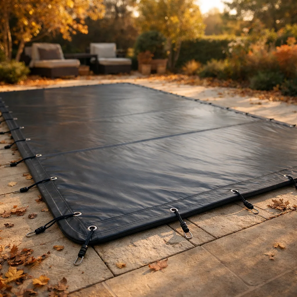 B&acirc;che d'hivernage grise avec &oelig;illets inox fix&eacute;e par sandows sur piscine 10x5 m