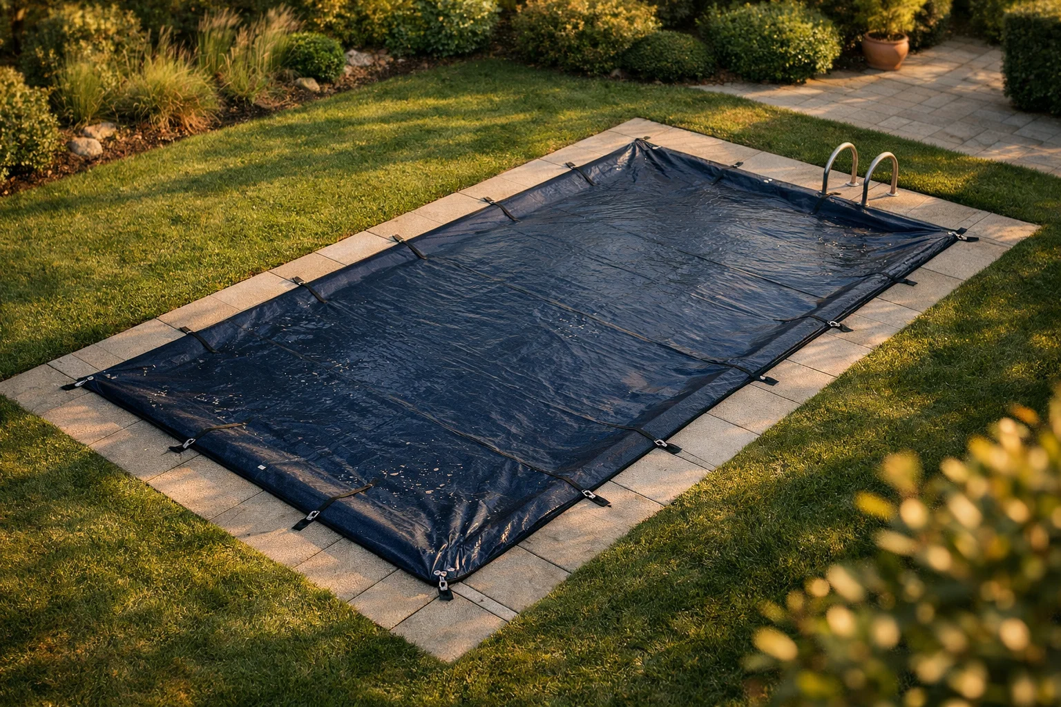 Bâche d'hivernage bleue installée sur piscine rectangulaire 6x3 m