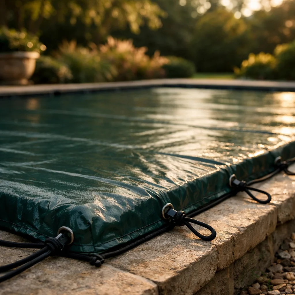 Fixations sandow d'une b&acirc;che hivernage piscine 6x3 m vue de pr&egrave;s