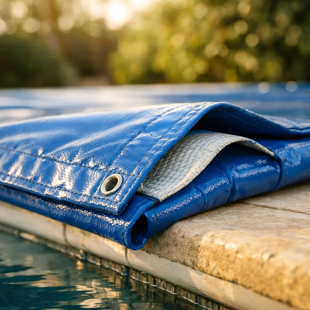 D&eacute;tail mati&egrave;re toile PVC double face 580 g/m&sup2; pour b&acirc;che piscine