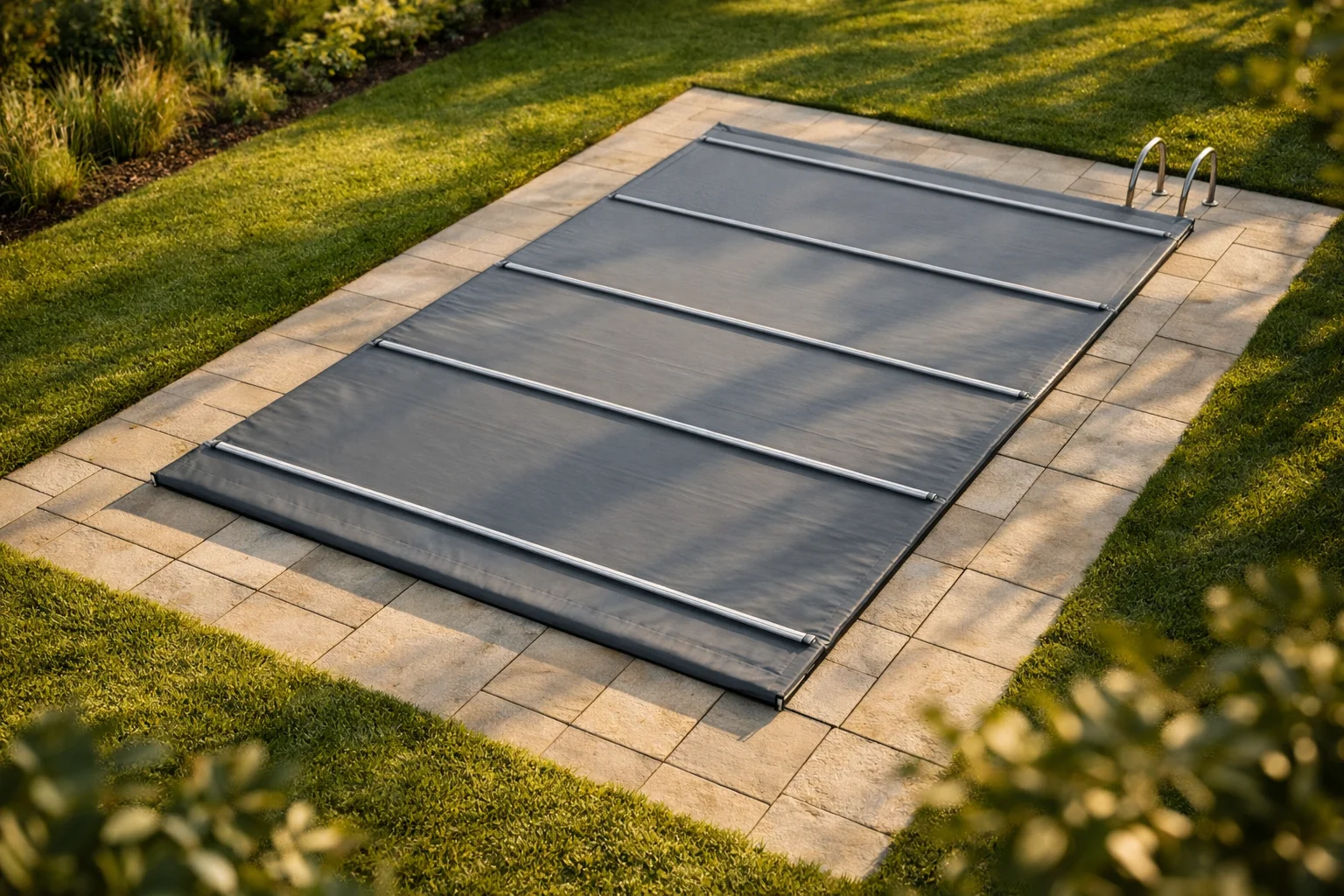 Bâche à barres grise installée sur une piscine rectangulaire 8x4 dans un jardin