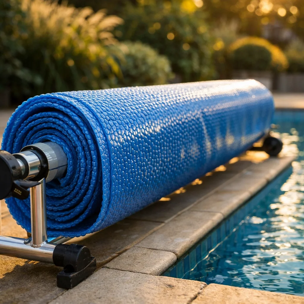 B&acirc;che &agrave; bulles bleue sur enrouleur manuel au bord d'une piscine