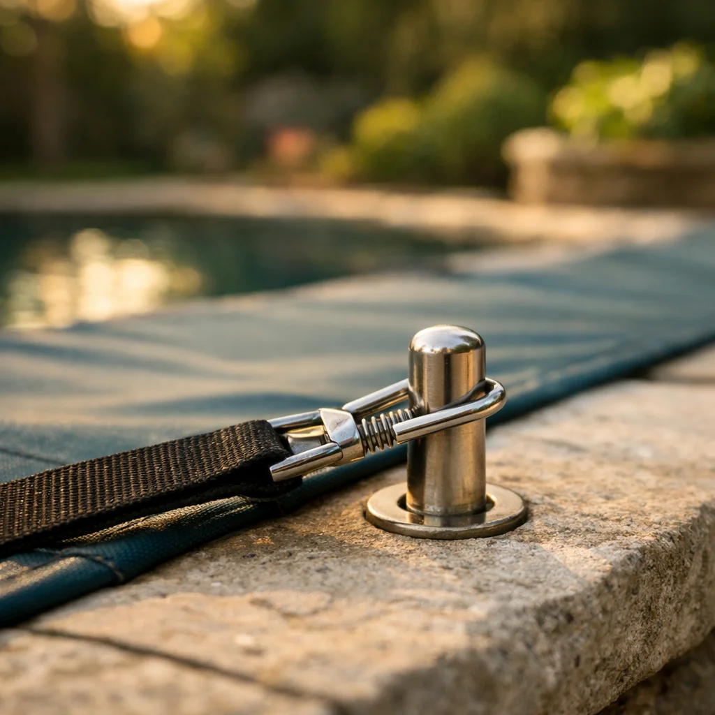 Piton et sangle de fixation d'une b&acirc;che de s&eacute;curit&eacute; sur margelle de piscine