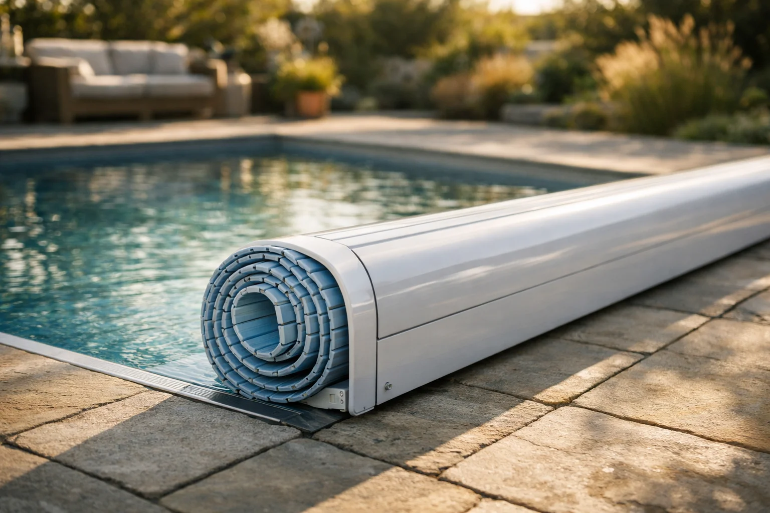 Volet roulant automatique sur une piscine résidentielle rectangulaire