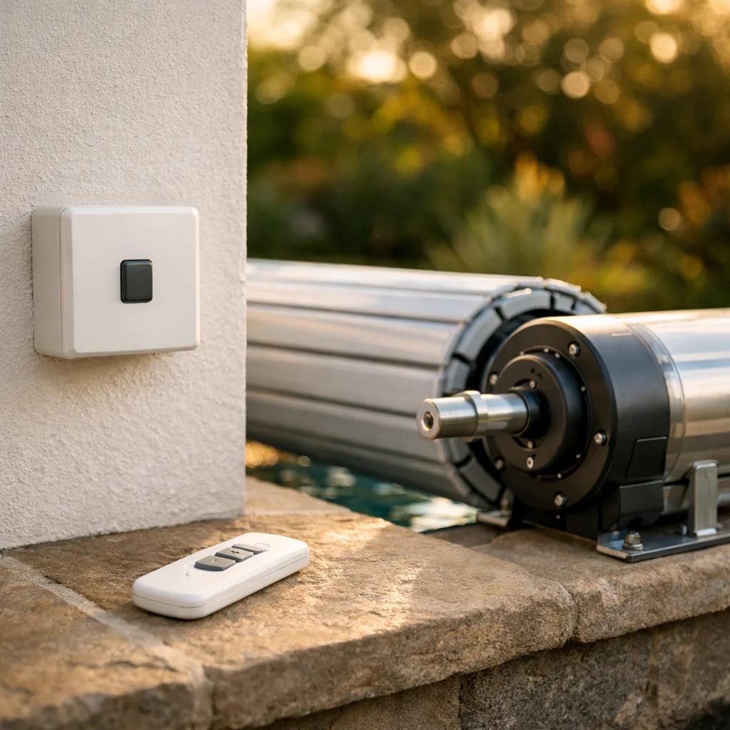 Bo&icirc;tier de commande et motorisation d'une b&acirc;che piscine &eacute;lectrique