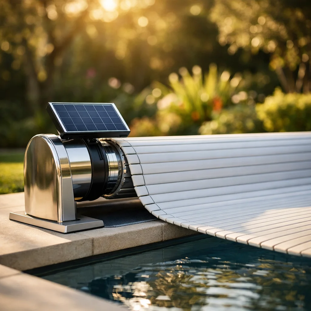Enrouleur de b&acirc;che piscine &agrave; motorisation solaire en bord de bassin