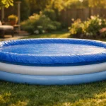 Bâche de protection bleue posée sur une piscine gonflable ronde dans un jardin ensoleillé
