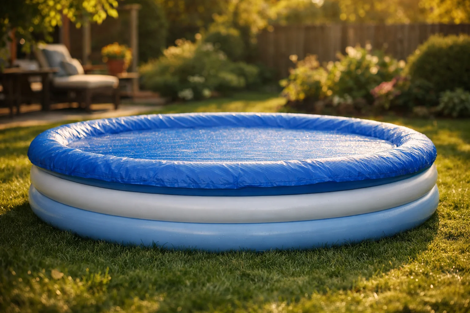 Bâche de protection bleue posée sur une piscine gonflable ronde dans un jardin ensoleillé