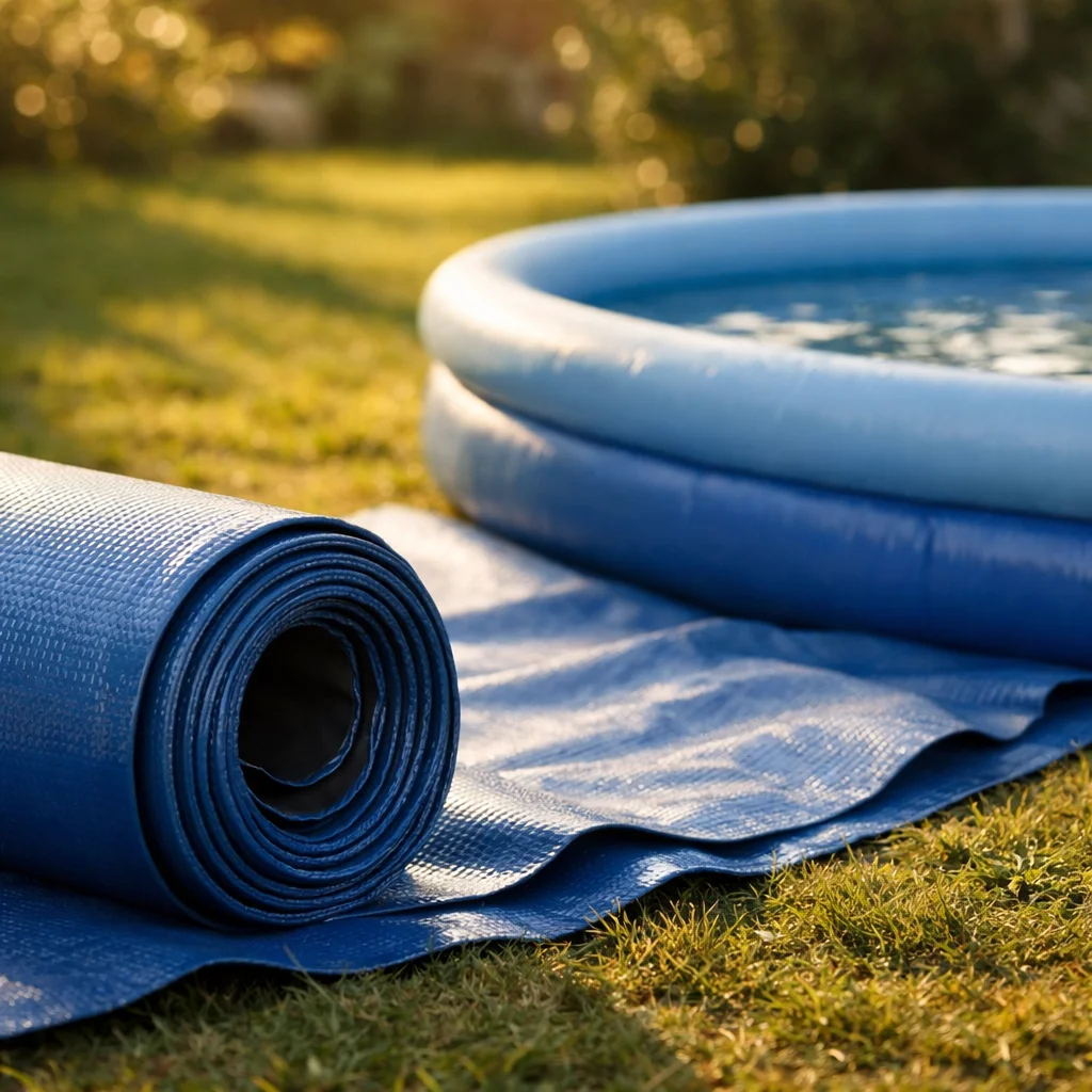 Bâche PVC épaisse dépliée à côté d'une piscine gonflable ronde dans un jardin