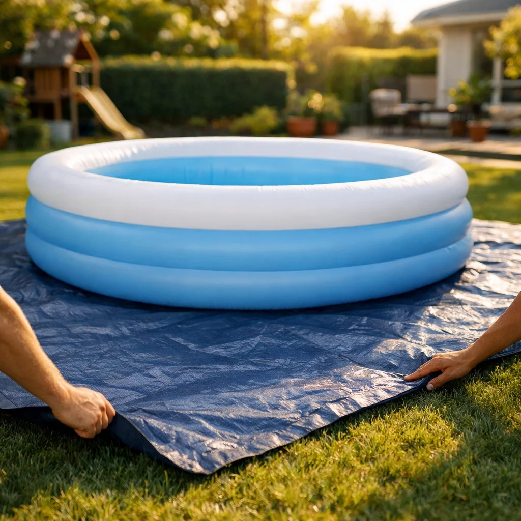 Bâche de sol étalée sous une piscine gonflable avant installation dans un jardin familial