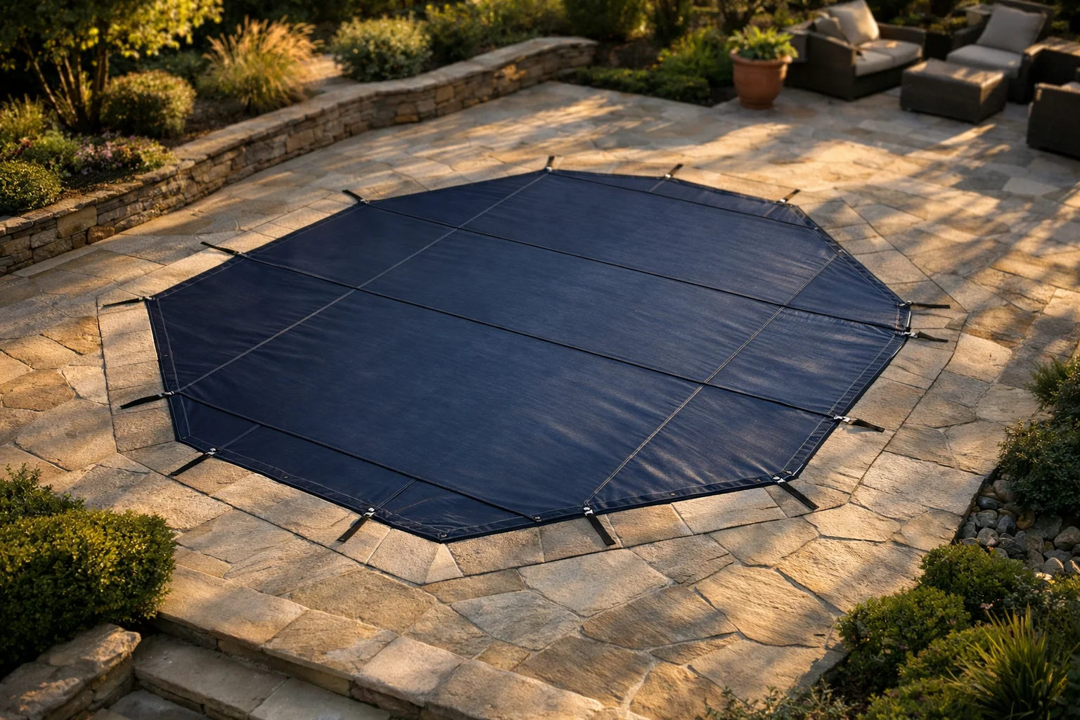 Bâche à barres bleue sur piscine hexagonale dans un jardin résidentiel