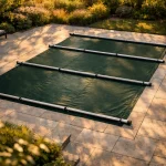 Bâche à barres verte sur piscine rectangulaire enterrée avec margelles en pierre