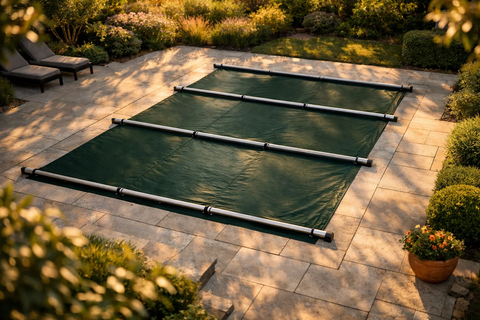 Bâche à barres verte sur piscine rectangulaire enterrée avec margelles en pierre