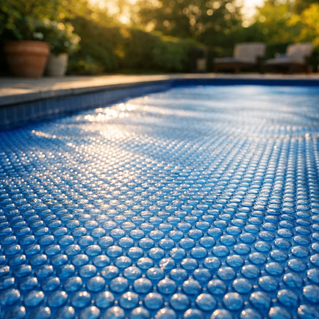 B&acirc;che &agrave; bulles translucide d&eacute;roul&eacute;e sur piscine rectangulaire ensoleill&eacute;e