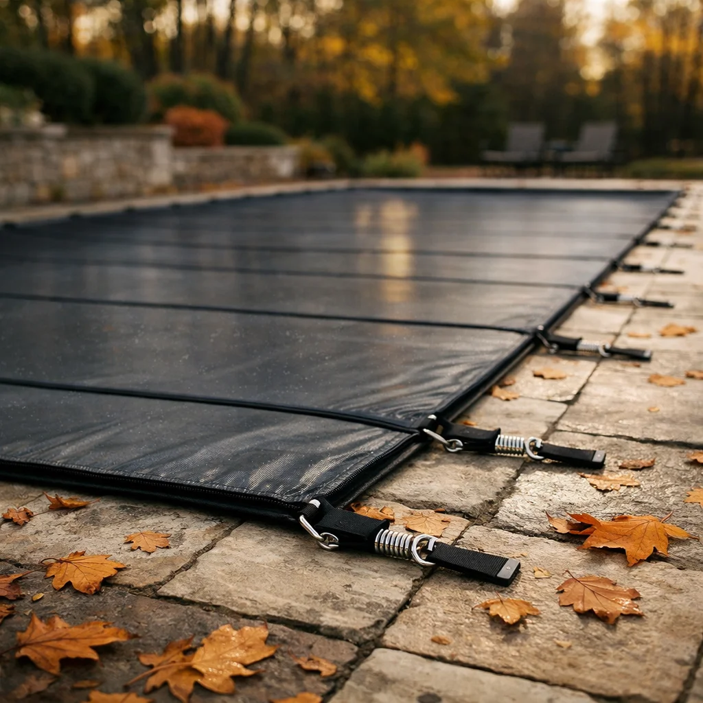 B&acirc;che hivernage grise fix&eacute;e par sangles sur piscine rectangulaire en automne