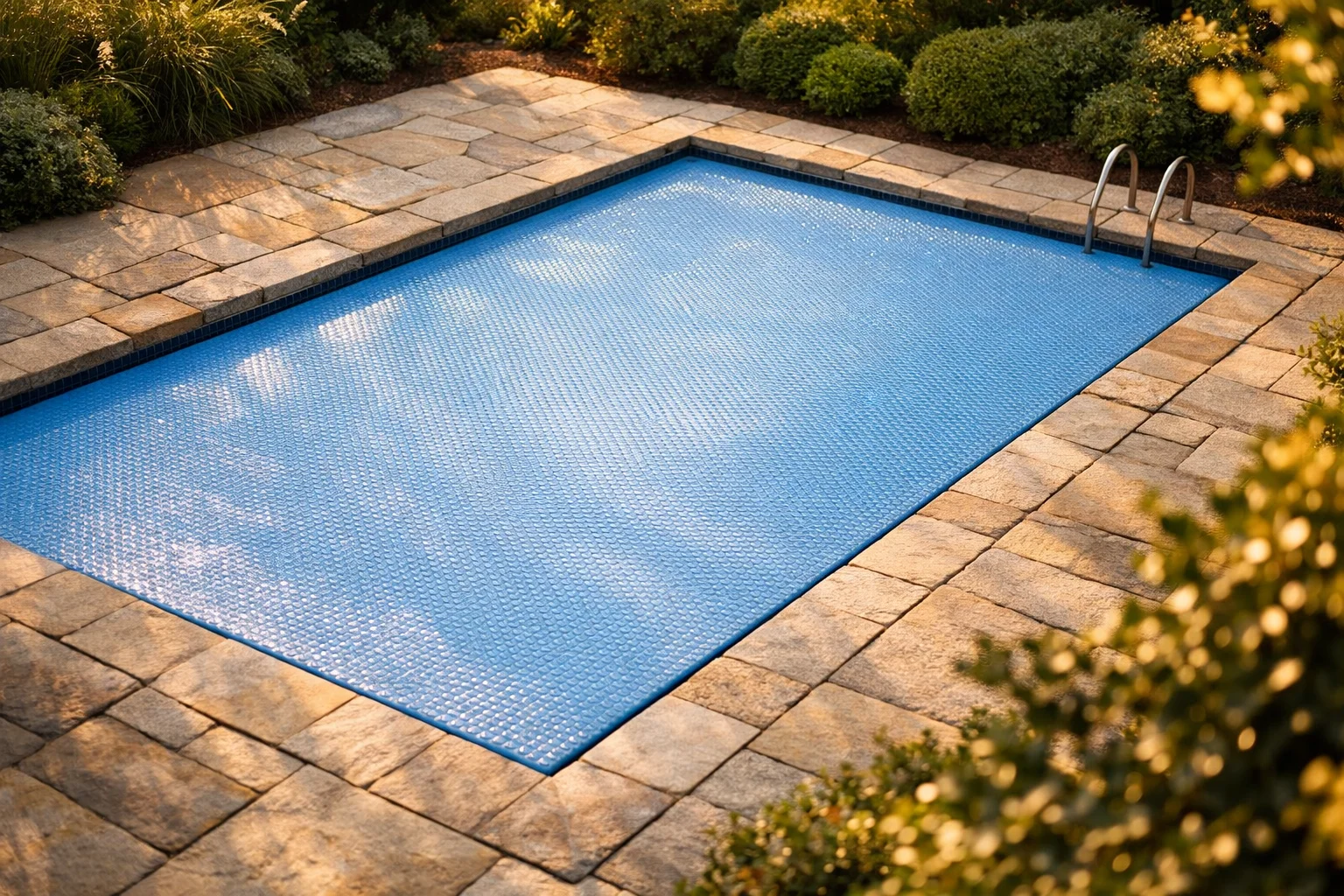 Bâche à bulles sur mesure posée sur une piscine rectangulaire