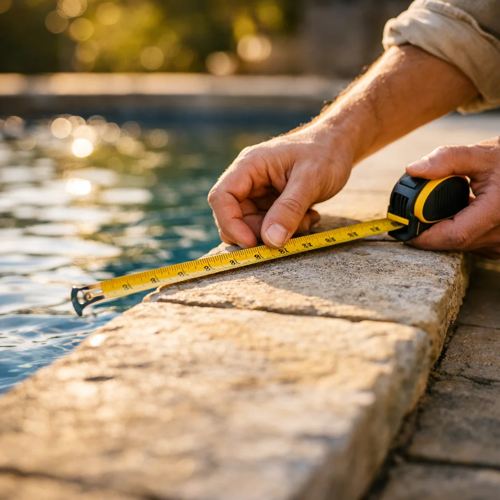 Mesure pr&eacute;cise des bords d'une piscine pour commander une b&acirc;che sur mesure