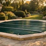 Bâche à barres sur mesure posée sur une piscine octogonale enterrée dans un jardin résidentiel