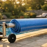 Rouleau enrouleur bâche à bulles posé en bord de piscine enterrée