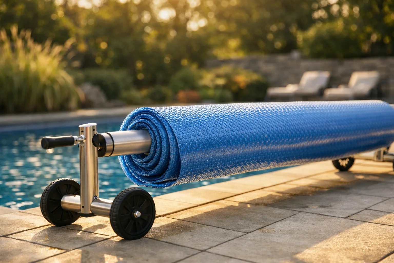 Rouleau enrouleur bâche à bulles posé en bord de piscine enterrée