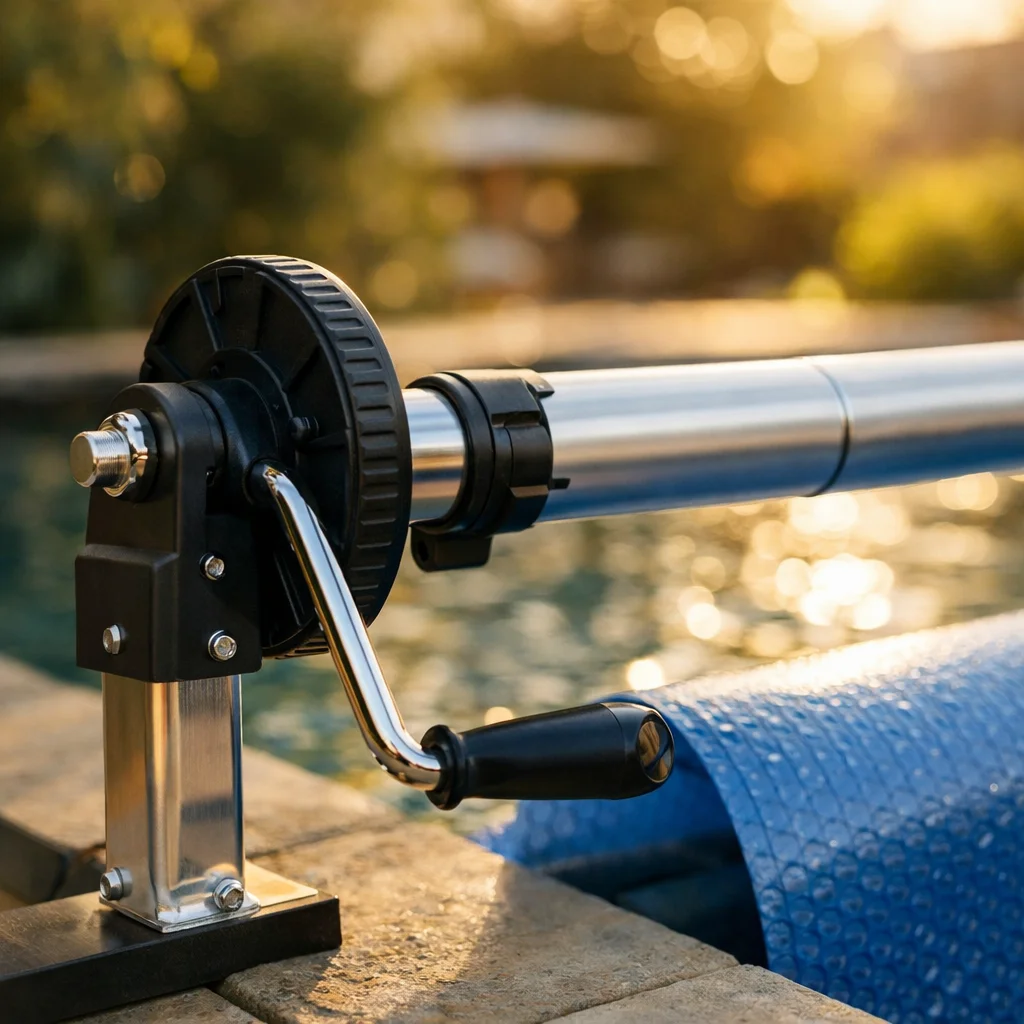 D&eacute;tail manivelle d&eacute;multipli&eacute;e et molette de freinage d'un enrouleur de piscine