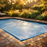 Bâche à bulles posée sur une petite piscine enterrée