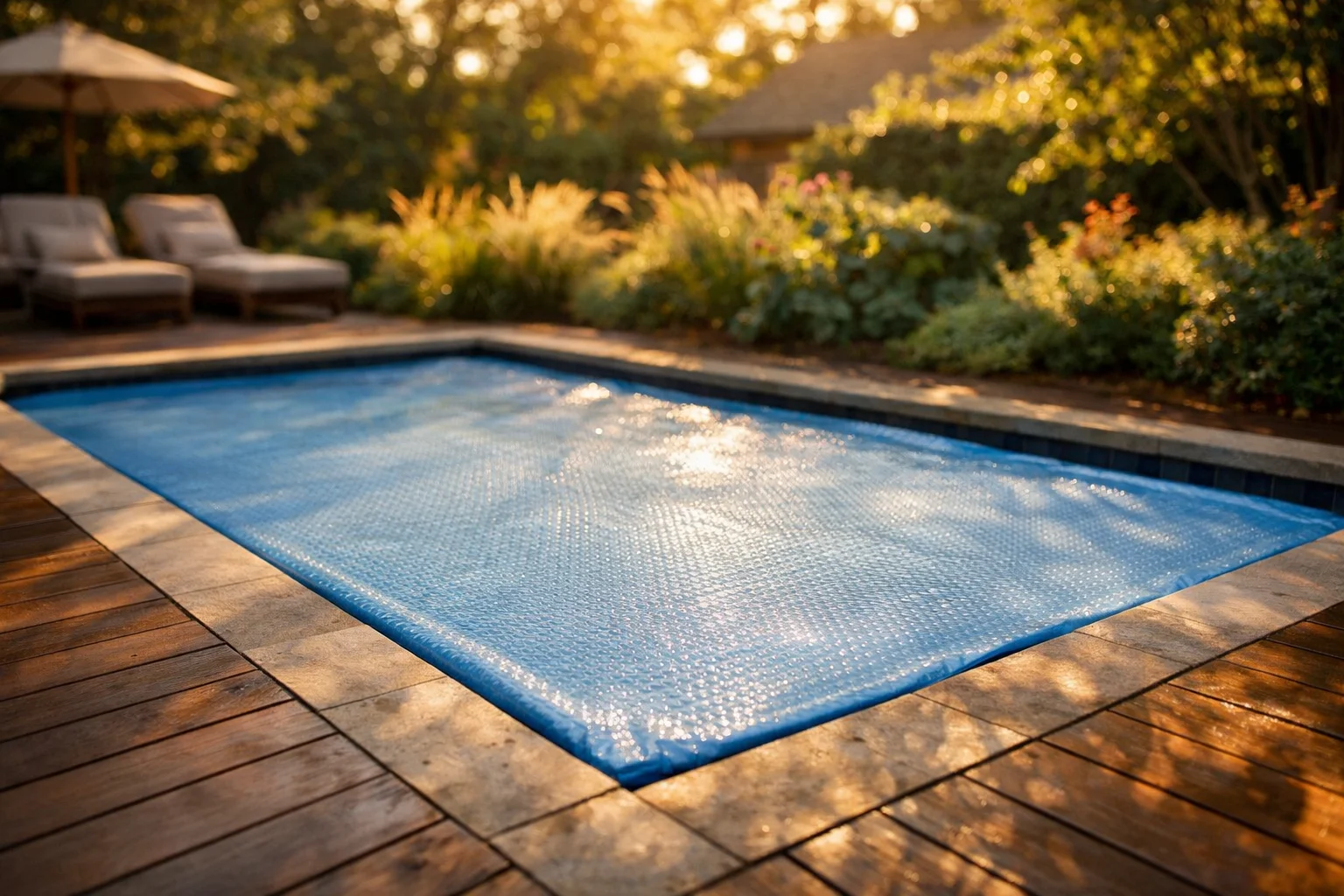 Bâche à bulles posée sur une petite piscine enterrée
