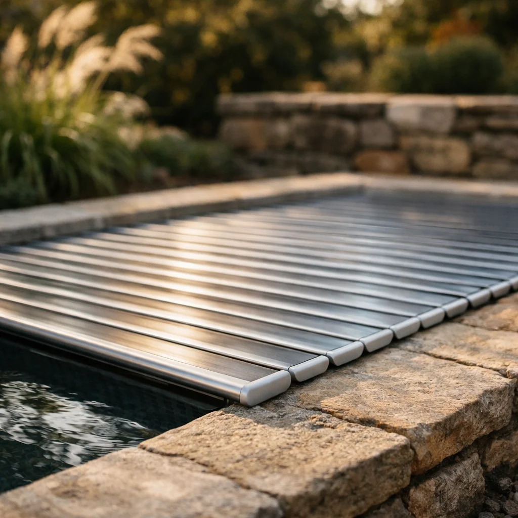 Volet &agrave; lames m&eacute;talliques couvrant une petite piscine enterr&eacute;e