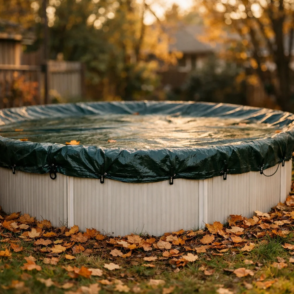 B&acirc;che d'hivernage verte fix&eacute;e sur une petite piscine hors sol ronde