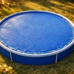 Piscine hors sol ronde avec bâche à bulles bleue sur l'eau