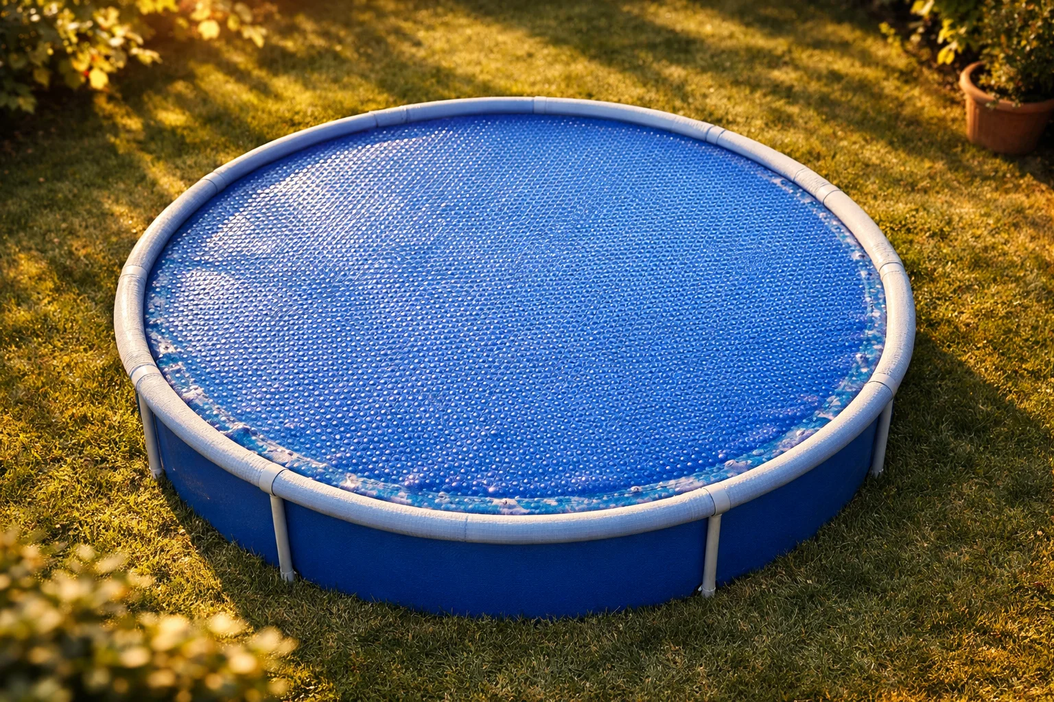Piscine hors sol ronde avec bâche à bulles bleue sur l'eau