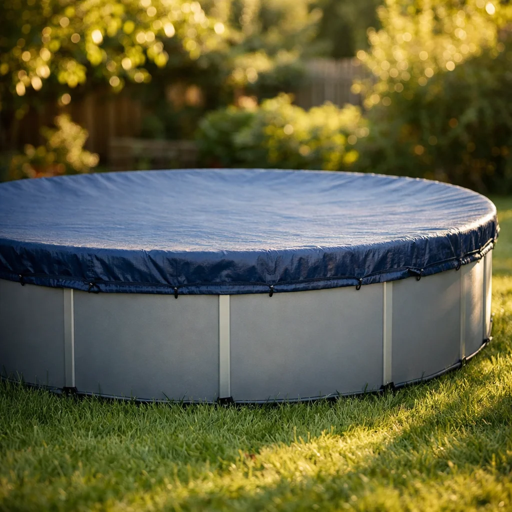 Couverture souple ext&eacute;rieure tendue sur une piscine hors sol ronde