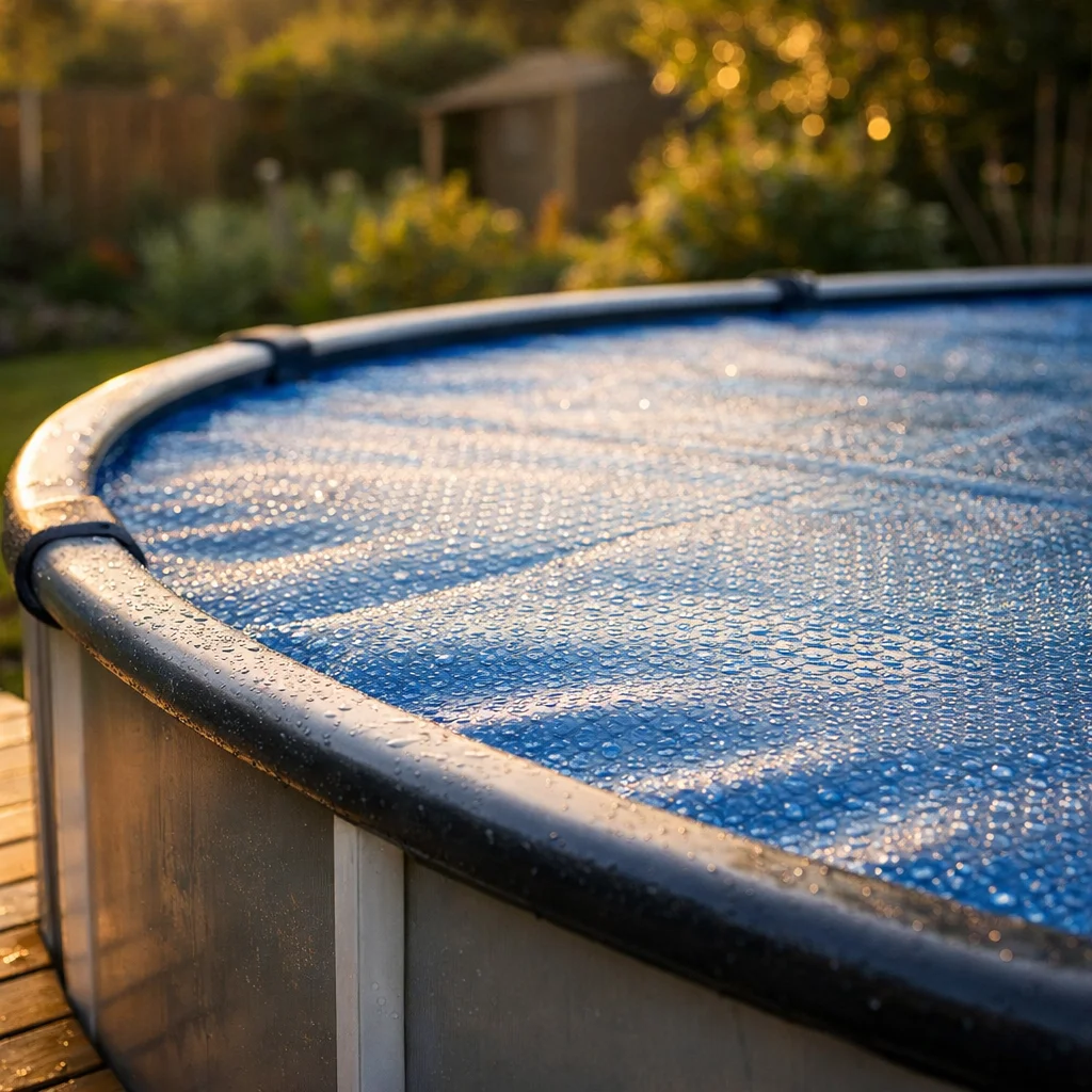 Couverture bleue &agrave; bulles sur l'eau d'une piscine hors sol ronde
