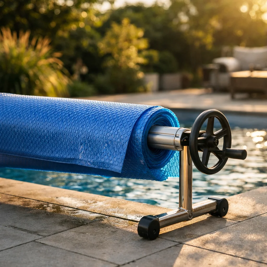 Enrouleur de couverture de piscine installé au bord d’un bassin