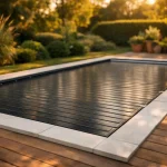 Volet à lames fermé sur une piscine enterrée entourée d'une terrasse