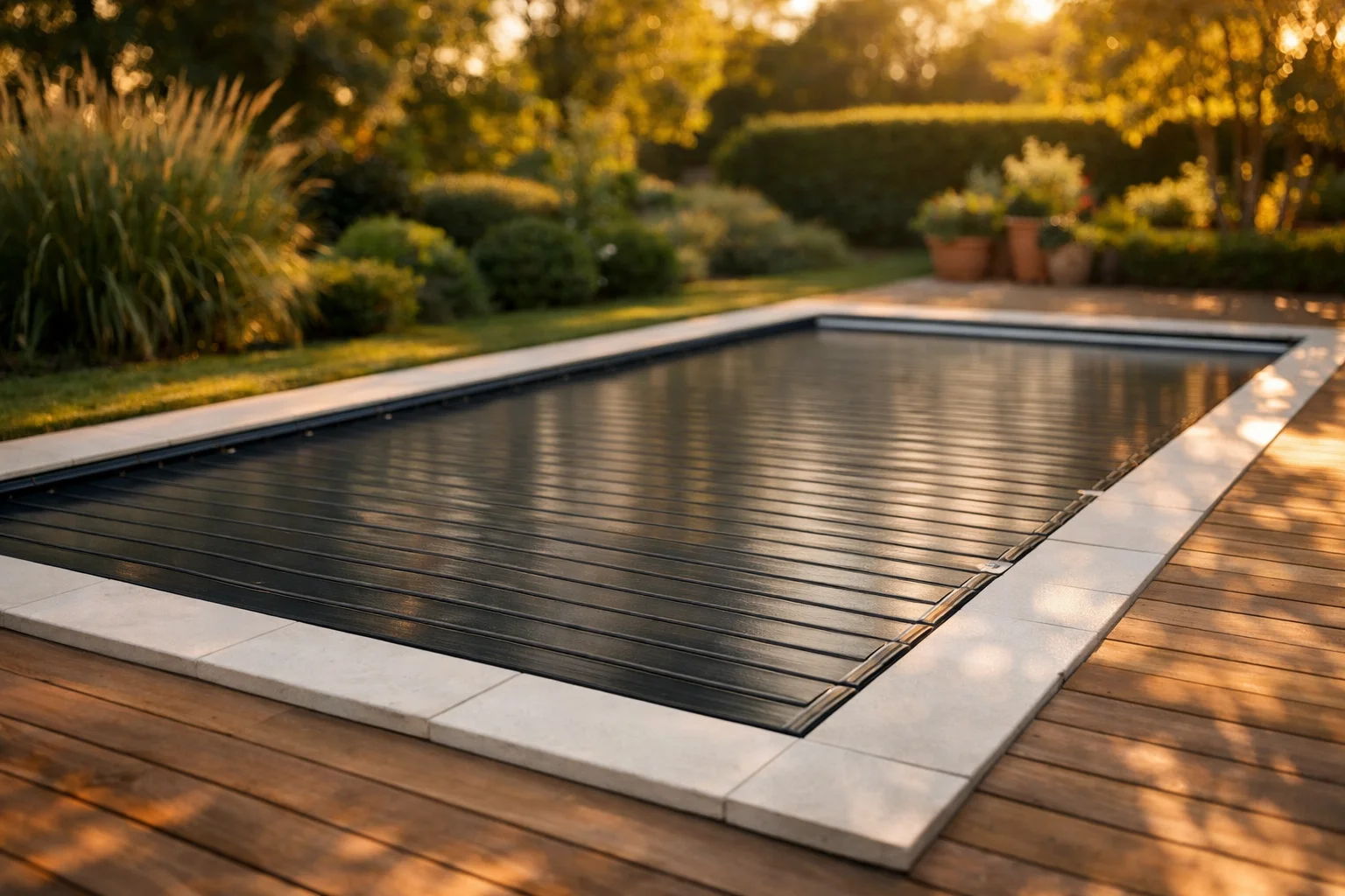 Volet à lames fermé sur une piscine enterrée entourée d'une terrasse