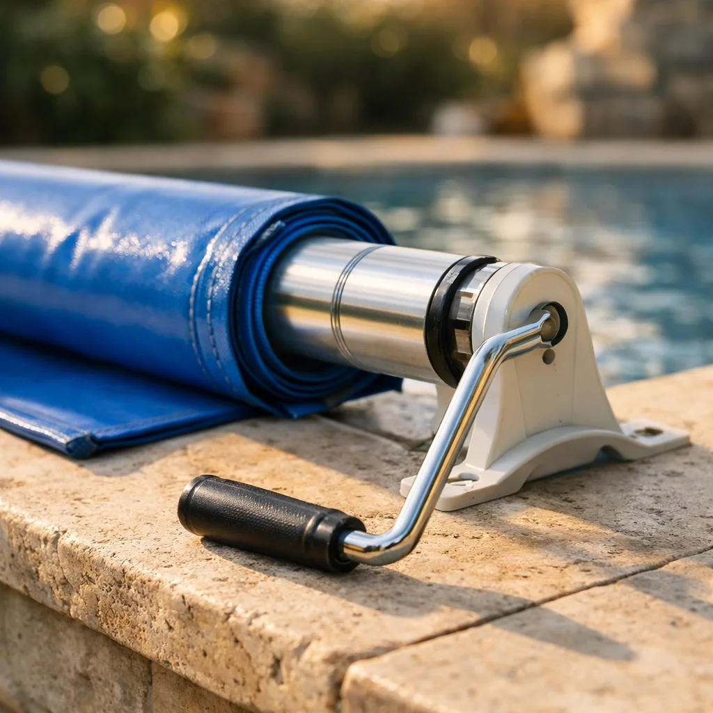 Couverture souple bleue enroul&eacute;e sur un axe manuel au bord d'une piscine