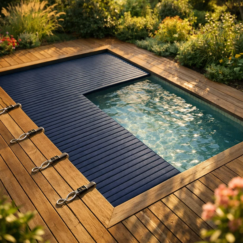 Illustration stylis&eacute;e d'une piscine partiellement couverte par un tablier &agrave; lames