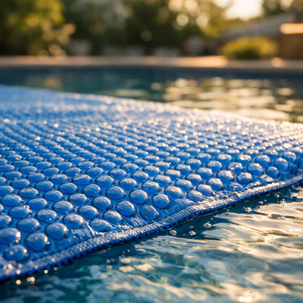 Gros plan sur une b&acirc;che &agrave; bulles bleue pos&eacute;e sur l'eau