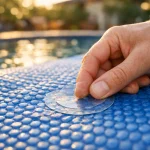 Main présentant un patch transparent sur une bâche à bulles humide